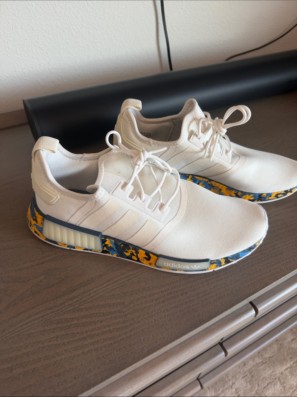 Adidas Cream White Sneakers with Blue & Yellow Marbled Sole